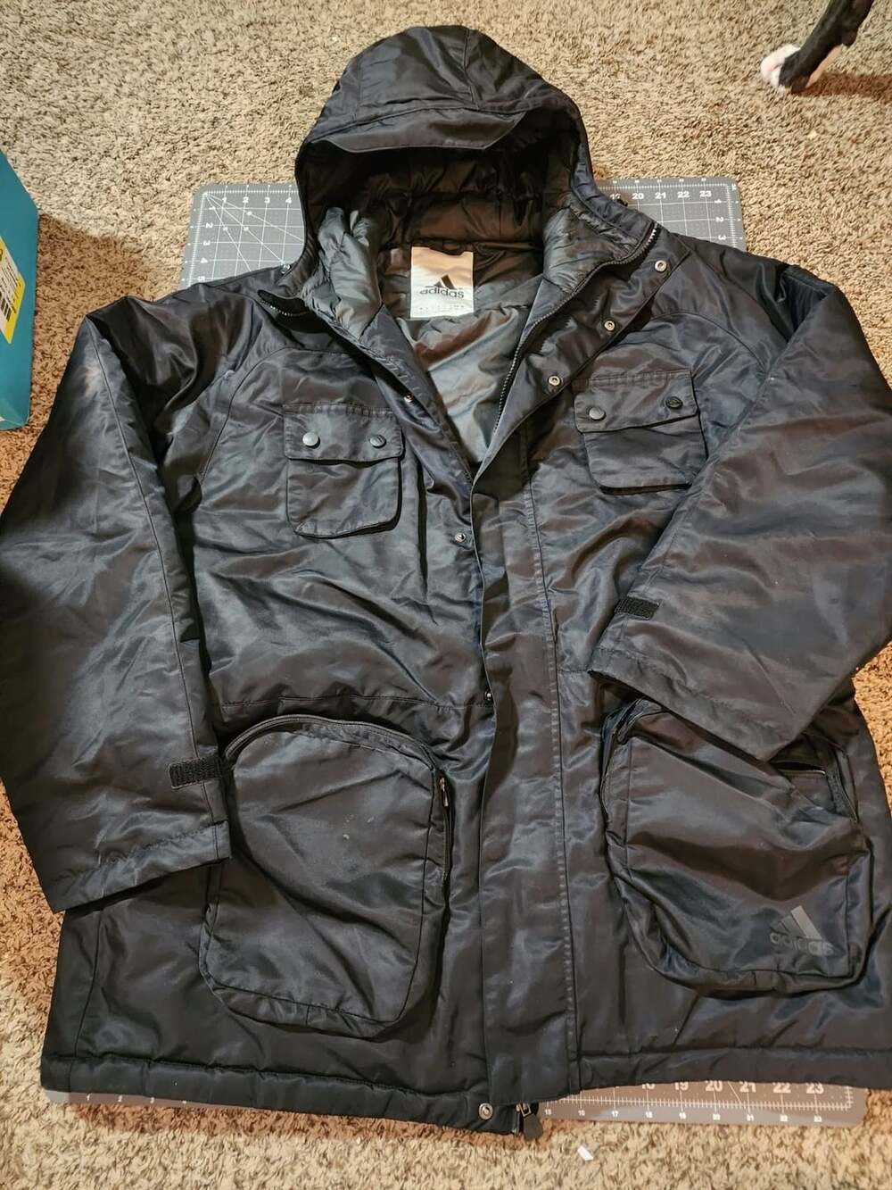Adidas Puffer Jacket Size L Black Hooded Winter Coat